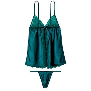 NWT Victoria Secret Satin babydoll set emerald green size XL